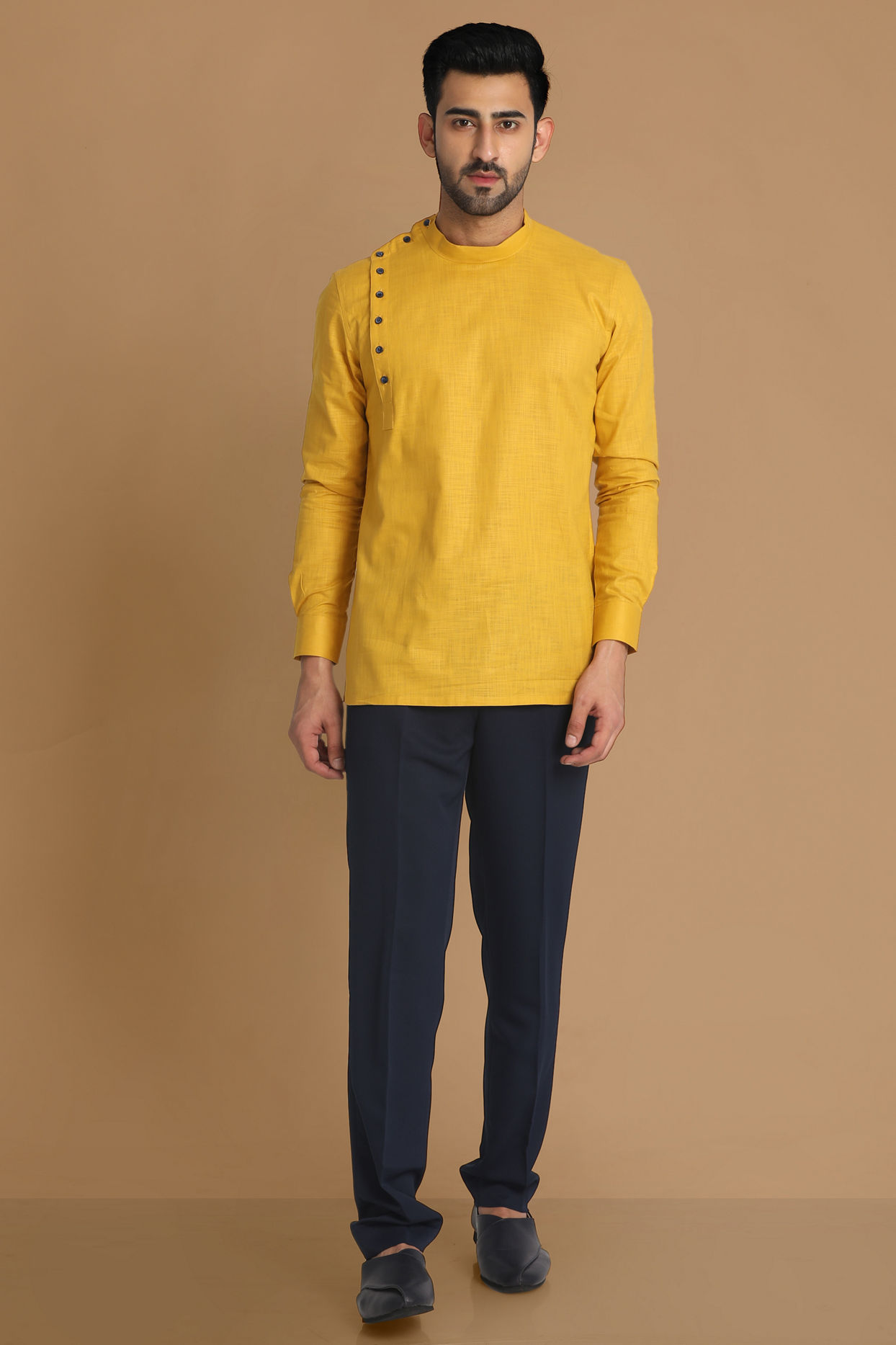 alt message - Manyavar Men Mustard Side Open Short Kurta image number 1